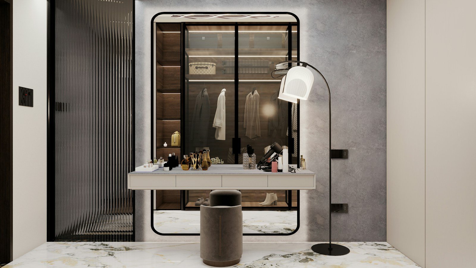 Dark dressing room with glass wardrobe and vanity